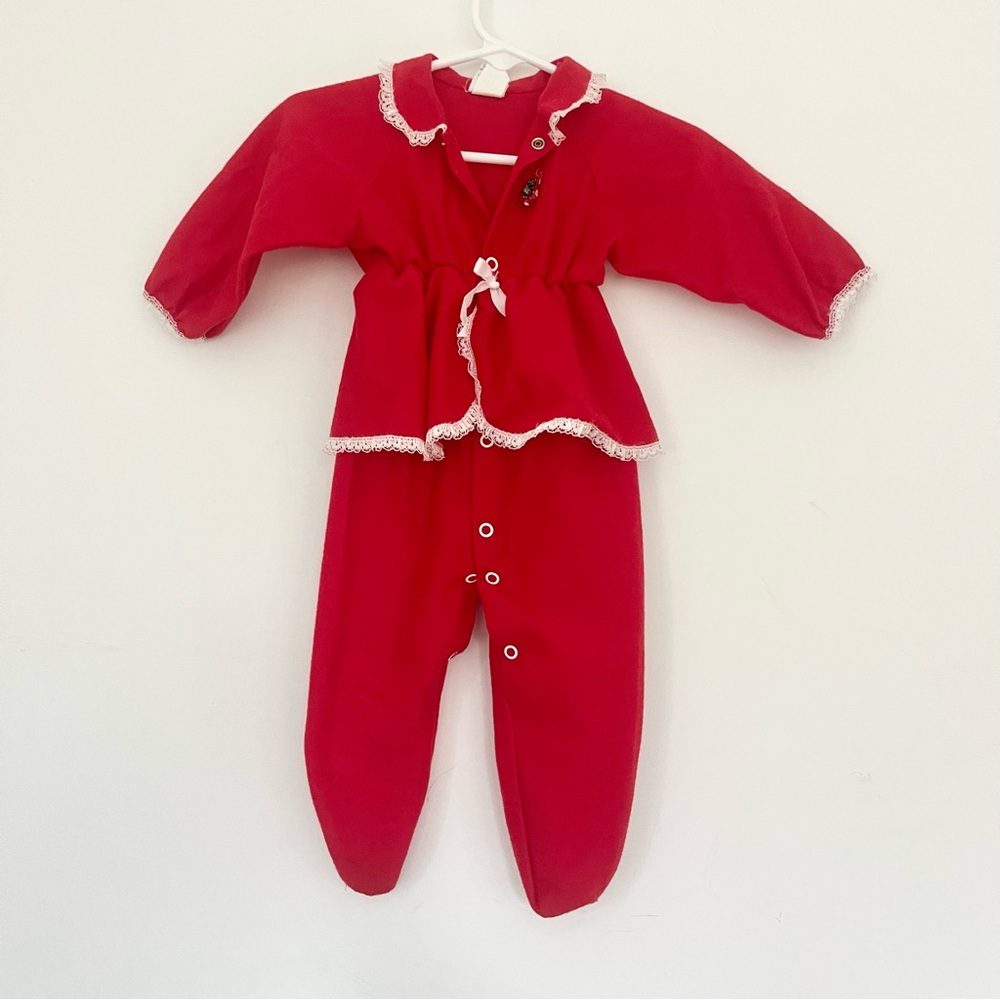 Vintage Baby Bliss Felt Red Ruffled Kids One Piece w Buttons 6 Months